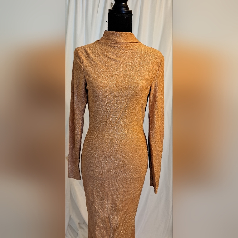 #040.B Bodycon Dress Sz M & Sz S Sequin Sparkle Long Sleep Deep Gathered Back - Picture 6 of 15